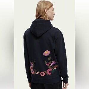Scotch & Soda Black Hoodie with Multicolor Floral Embroidery